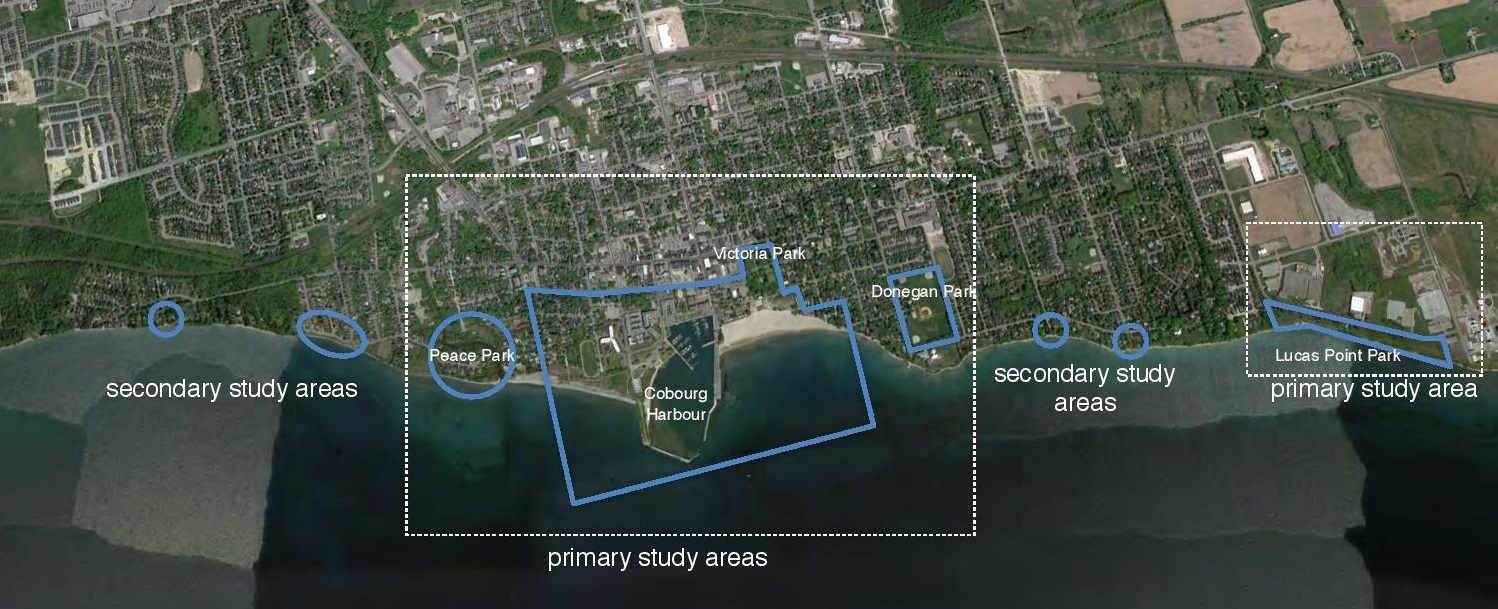 Aerial photo of Cobourg waterfront with highlighted subject areas