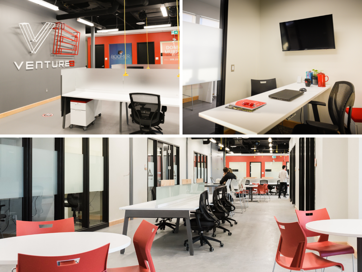 Photo Collage of Coworking Space with Desks, Offices and printer
