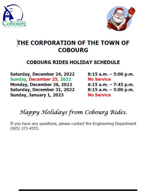 Cobourg Rides Holiday Hours