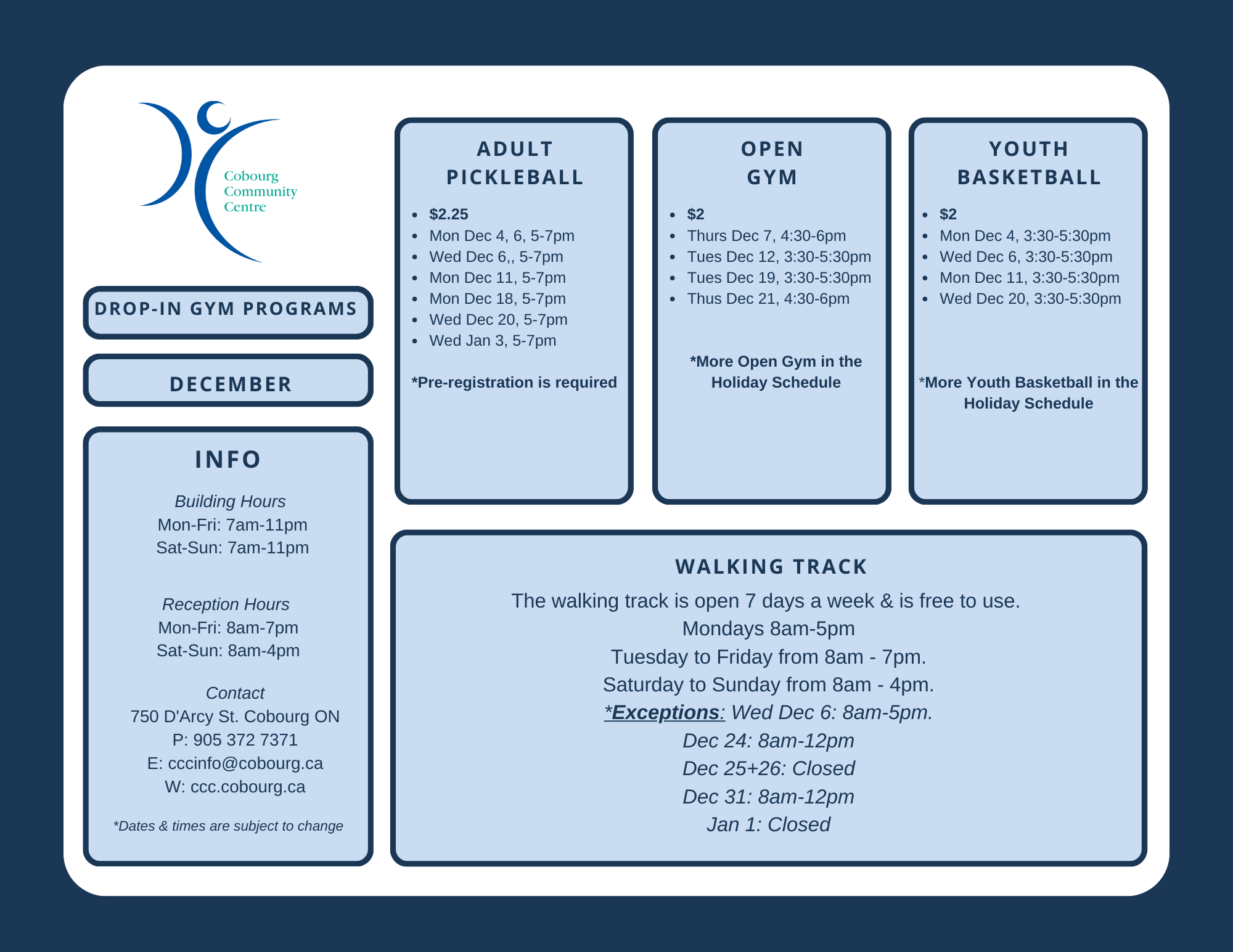 Gym programs December Schedule of gym programs in December