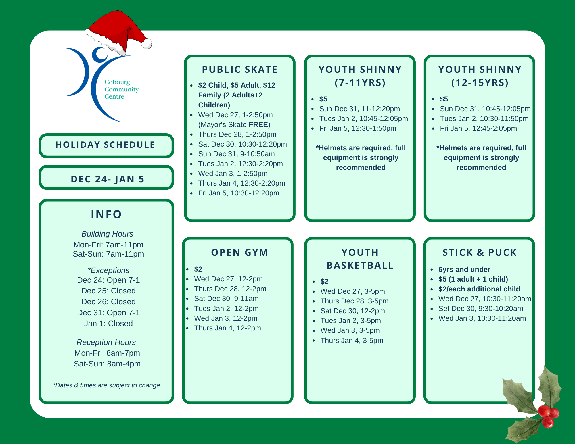 Holiday Drop-in Schedule 2023/24 Drop-in Schedule for the Holiday period 2023/24
