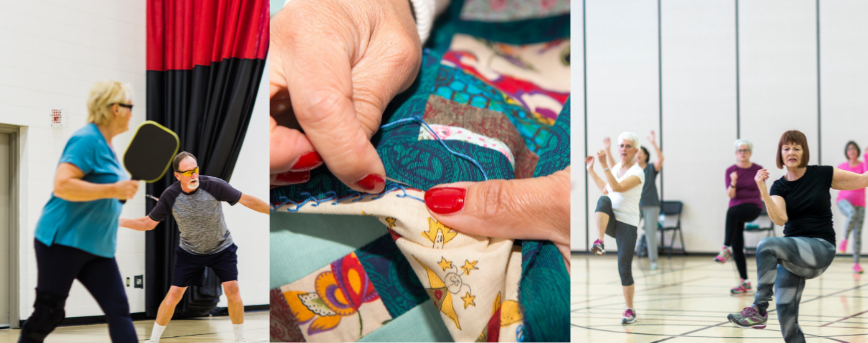 three pictures in a collage of seniors playing pickleball, quilting and dancing.