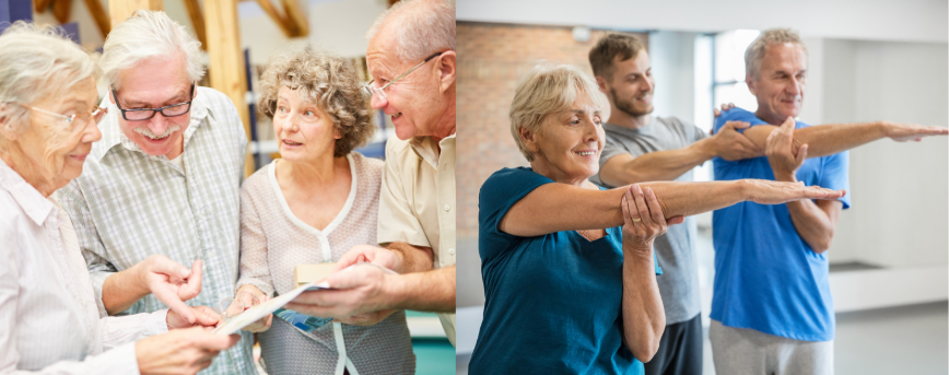 A group of seniors pointing at a page and a group stretching.