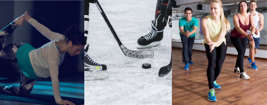 Women doing yoga, hockey players at a face off, adult group fitness class. 