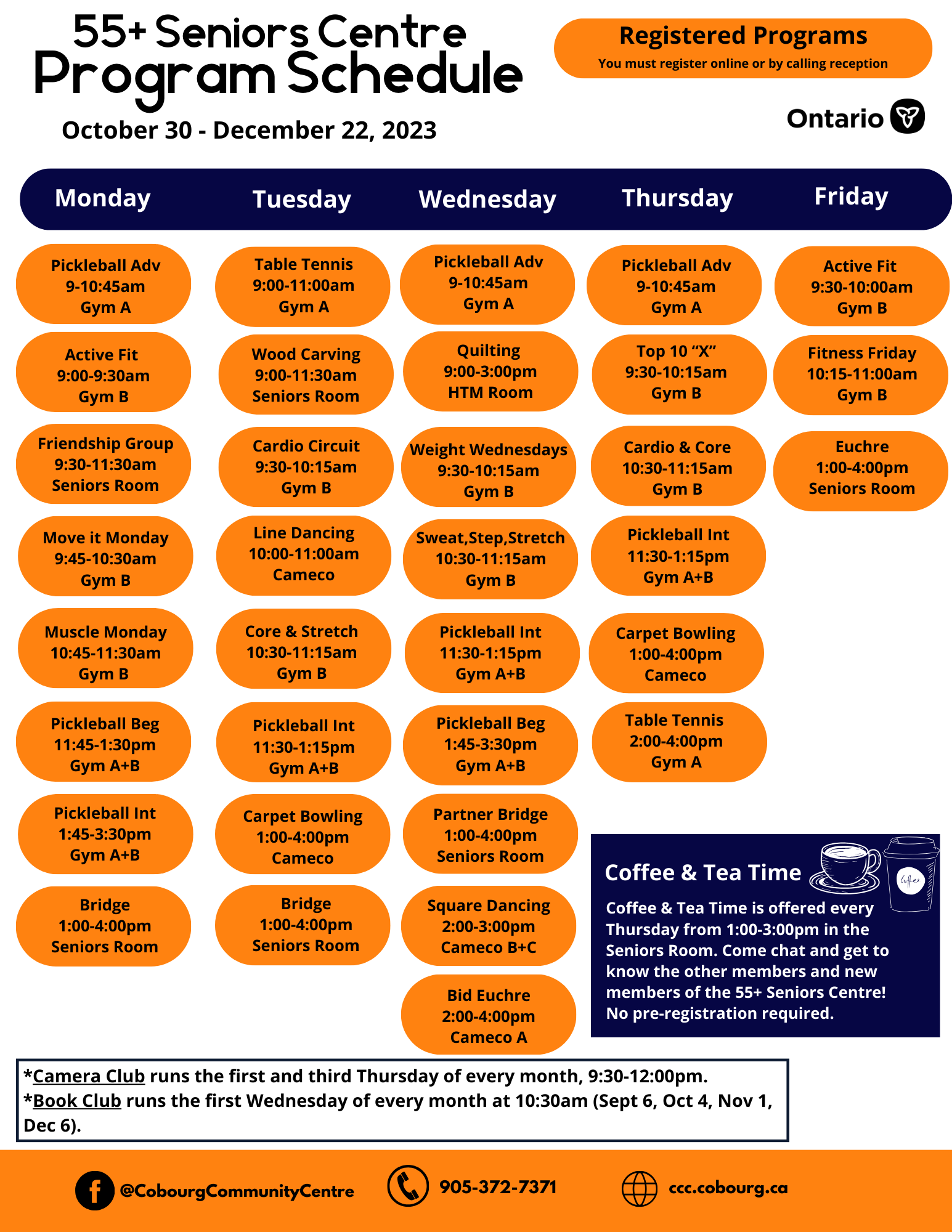 Schedule for Seniors Centre Fall 2023