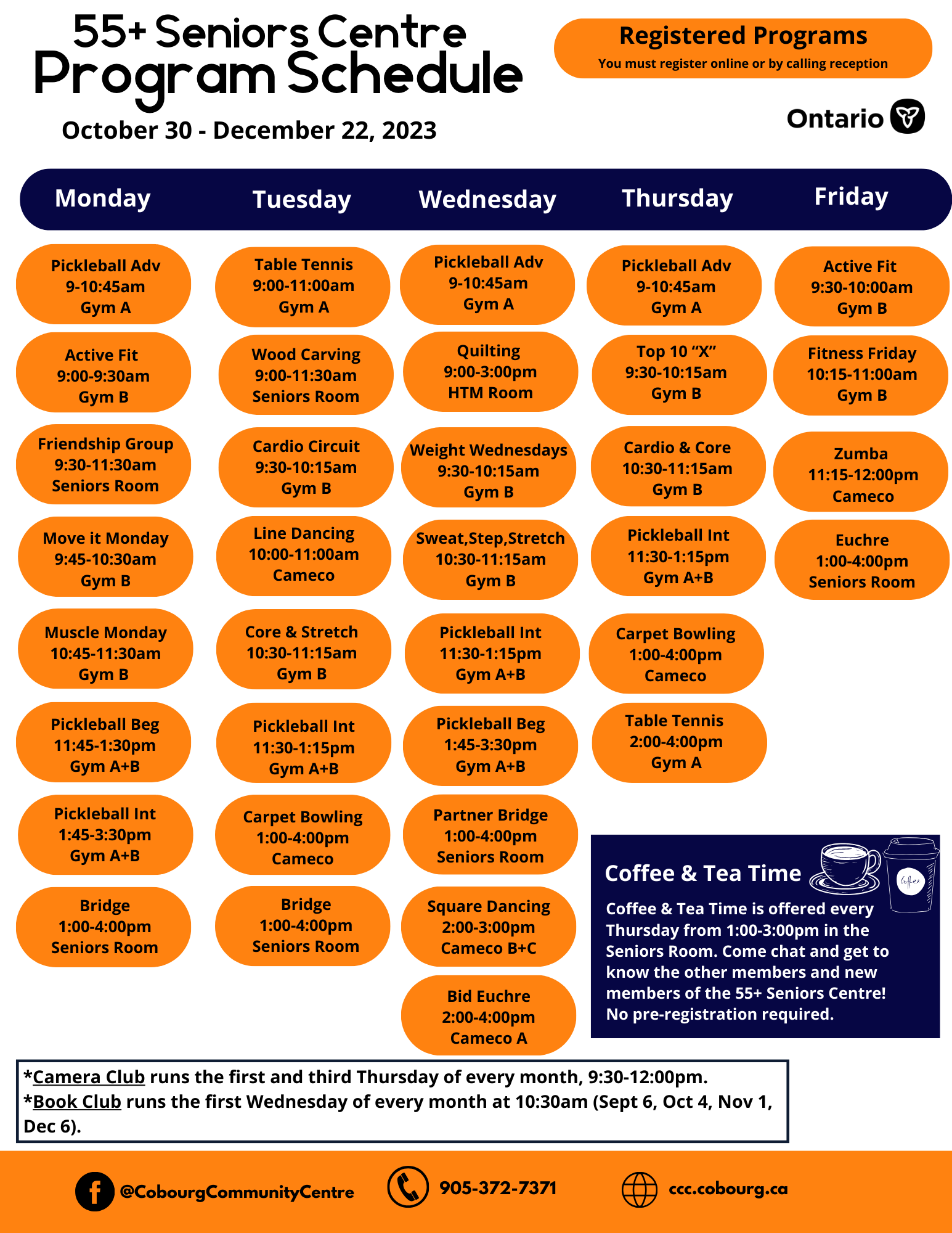 Schedule for Seniors Centre Fall 2023