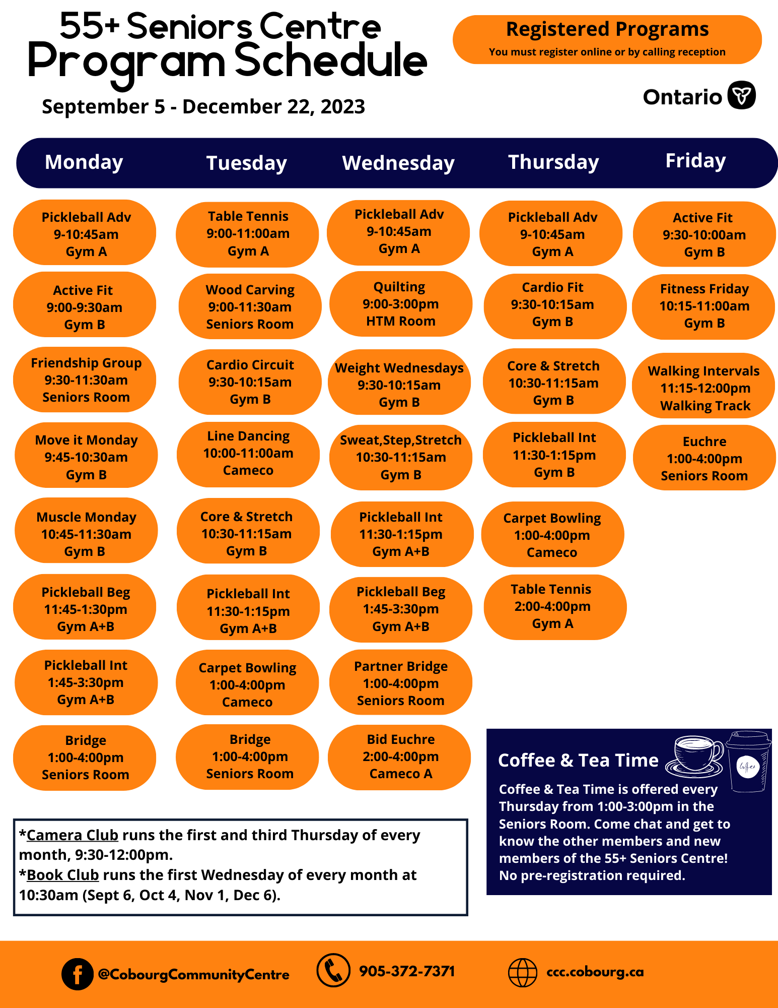 Schedule for Seniors Centre Fall 2023