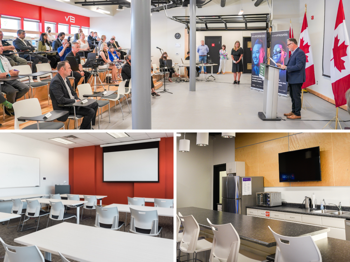 Photo collage of an audience listening to a speaker at a podium, a collection of desks and a furnished office space