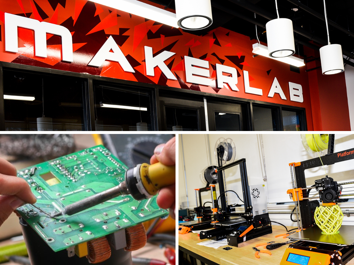 Photo Collage of MakerLab includes room sign, soldering iron and circuit board, 3D printers