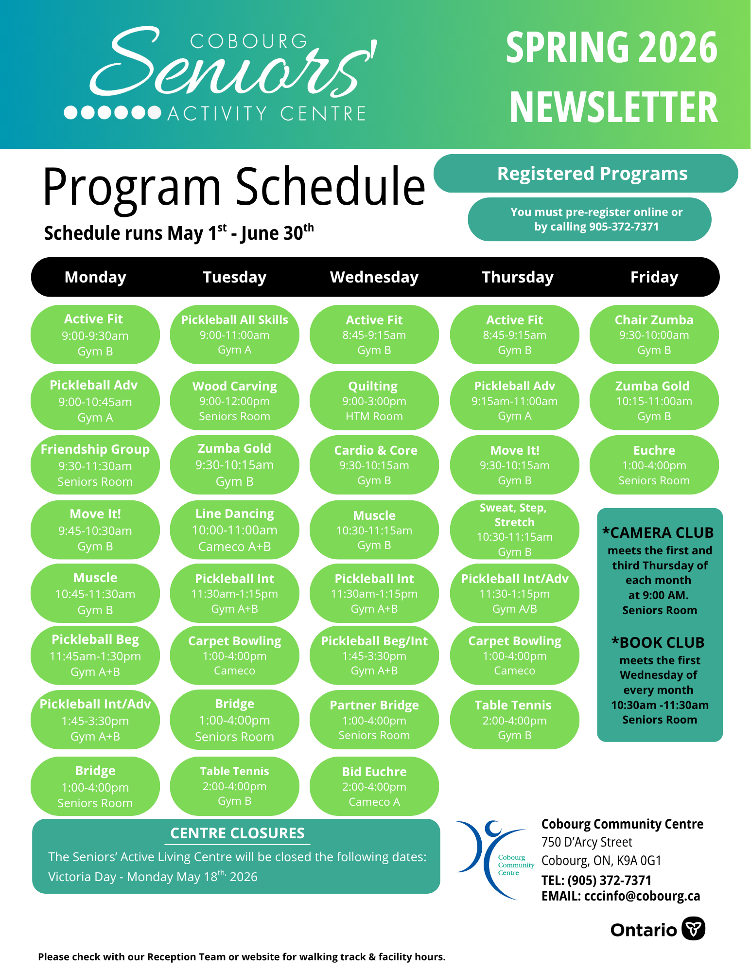 Seniors Activity Centre Spring Program Schedule